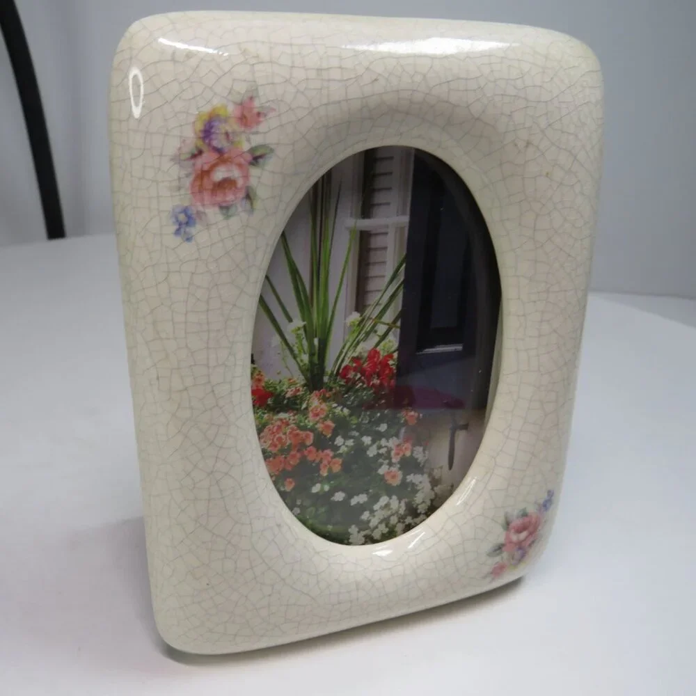 Ceramic Rose Crackle Finish Picture Frame w Vintage Look Classic Shabby Chic